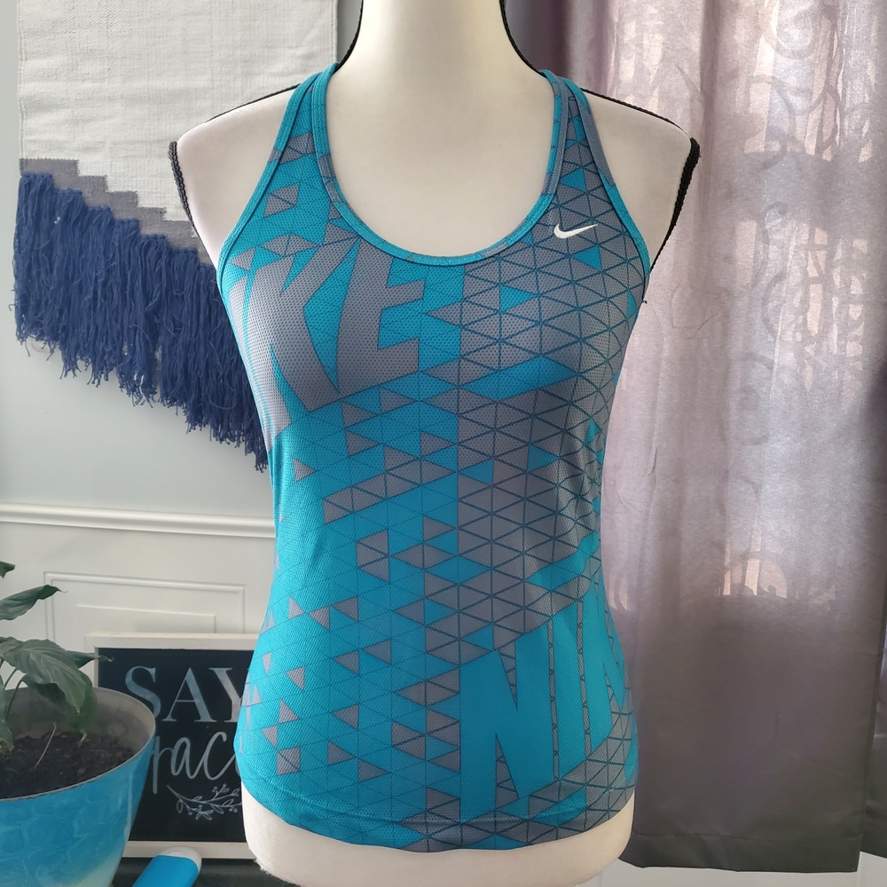 NIKE Dri Fit Mesh Geometric Spellout Shelf Bra Racerback S